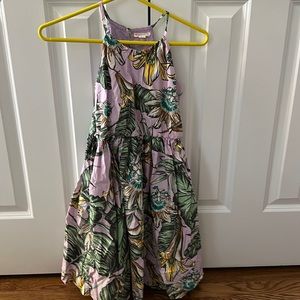 Purple spaghetti strap dress with leaves and floral pattern
